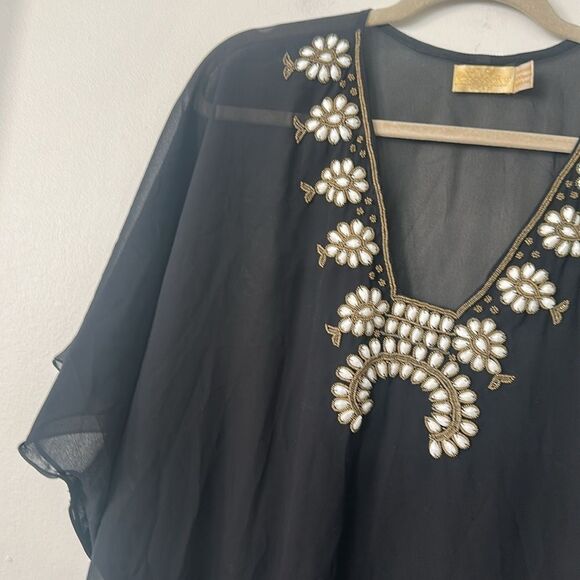 Natural Impressions Black Beaded Bib Kaftan, Swim Cover-up O/S - Picture 2 of 6